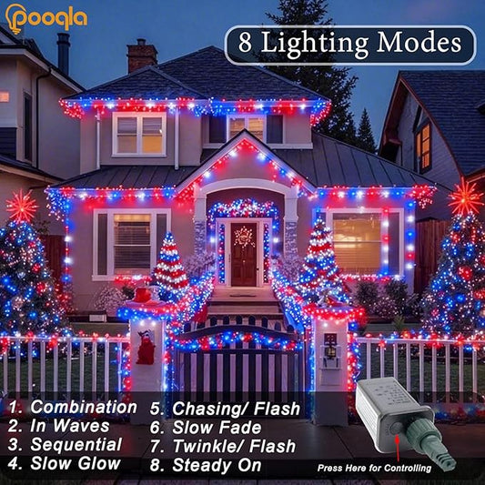 Pooqla 500 LED 164 FT Red White and Blue Lights, 4th of July Patriotic Decoration Twinkle Lights, 8 Modes Plug in 4th of July String Lights for Indoor Outdoor Independence Day Decorations, Green Wire