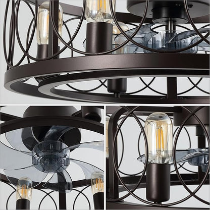 JONATHAN Y 21.6" Oil Rubbed Bronze 6-Light Caged Ceiling Fan with Lights, 6-Speed Industrial Farmhouse Flush Mount Fan with Remote and App Control, Metal Cage Shade, 6 LED Bulbs JYL9732A