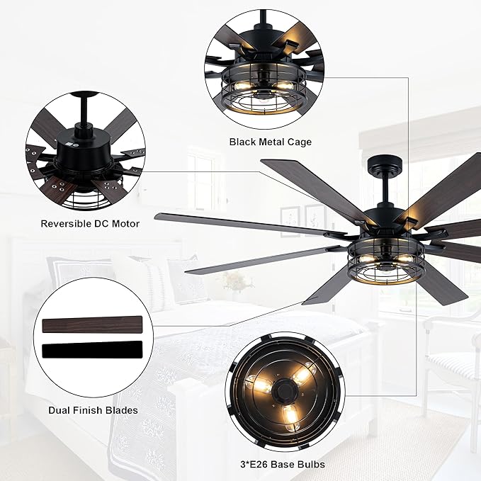 72 Inch Farmhouse Ceiling Fan with Lights and Remote Large Rustic Ceiling Fan Industrial Black Caged Fandelier Chandelier Light, Reversible Quiet DC Motor 6 Speeds for Indoor Outdoor