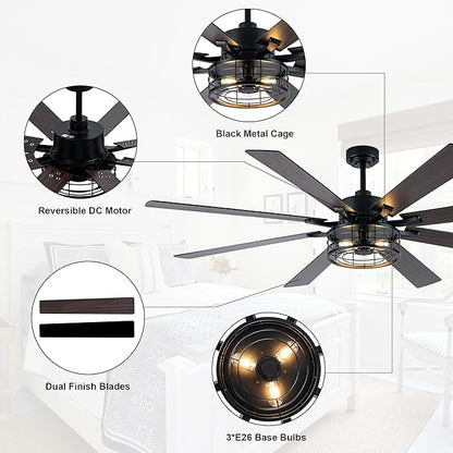 72 Inch Farmhouse Ceiling Fan with Lights and Remote Large Rustic Ceiling Fan Industrial Black Caged Fandelier Chandelier Light, Reversible Quiet DC Motor 6 Speeds for Indoor Outdoor
