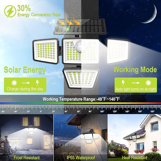 daphino 3000LM Solar Lights Outdoor with Motion Sensor,4 Head 270° Wide Angle Street Area Lights,IP65 Waterproof Security Lighting with 3 Modes(Remote,2 Pcs)