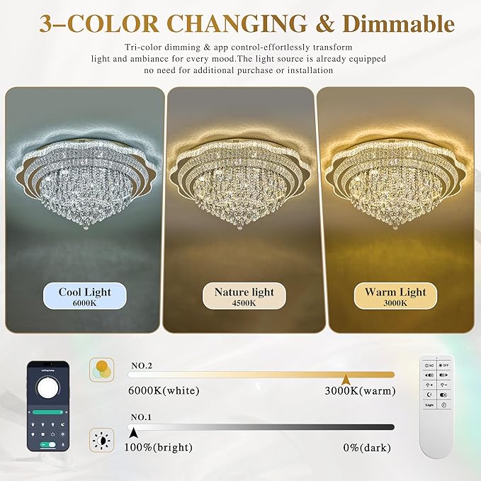 40" Gold Crystal LED Ceiling Light Fixture with Remote Control,Large Flush Mount Chandelier with 3-Color Dimmable for Living Room Bedroom Dining Room