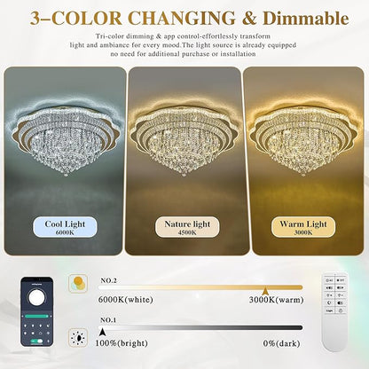 40" Gold Crystal LED Ceiling Light Fixture with Remote Control,Large Flush Mount Chandelier with 3-Color Dimmable for Living Room Bedroom Dining Room