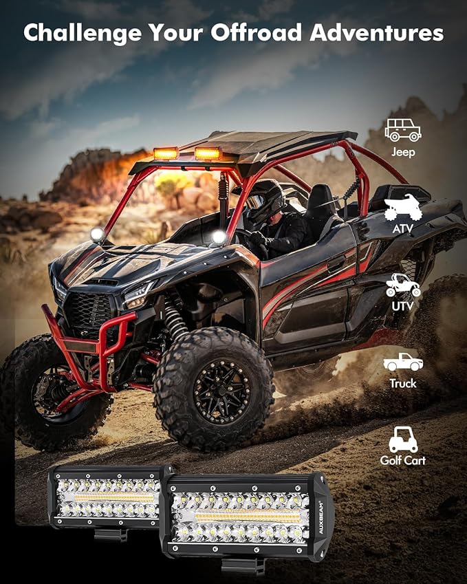 Auxbeam 6 Modes Amber White Series 7" 300W LED Light Bar, Flashing Strobe LED Pods Spot Flood Combo, Dual Color Amber Fog Lights for Jeep, Car, Motorcycle, ATV, UTV, SUV, Pair