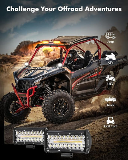 Auxbeam 6 Modes Amber White Series 7" 300W LED Light Bar, Flashing Strobe LED Pods Spot Flood Combo, Dual Color Amber Fog Lights for Jeep, Car, Motorcycle, ATV, UTV, SUV, Pair