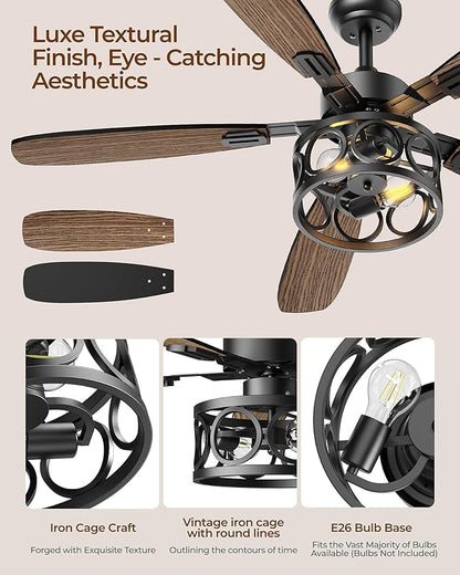Ceiling Fans with Lights and Remote, 42'' Vintage Caged Ceiling Fan with Light, 5 Blades, 6+1 Speed, Flush Mount Ceiling Fan Whisper-quiet for Farmhouse, Living Room, Kitchen and Porch (42 Inch)