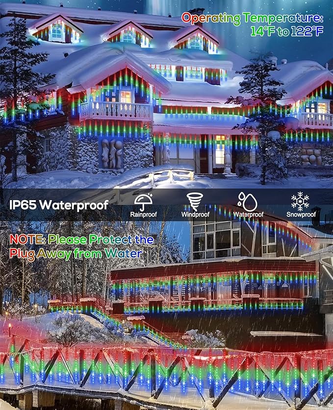 EAGWELL Meteor Shower Rain Lights 12 in 10 Tubes Drop Icicle Snow Falling Raindrop Cascading Light for Wedding Party Christmas Light Outdoor, Shine Colorful