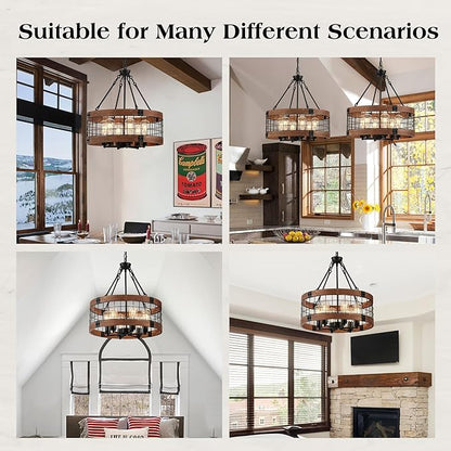 6-Light Farmhouse Drum Wood Pendant Light,20.55'' Vintage Rustic Brown Oak Wood Chandeliers,Retro Industrial Hanging Light Fixtures for Dining Room Entryway, Bedroom