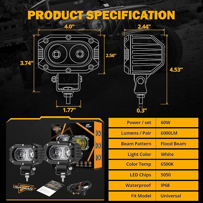Auxbeam 4 Inch LED Light Pods, 60W Square Offroad Driving Light Super Bright 120° White Broad Flood Beam Pods Light with Off Road Wiring Harness for Wrangler Truck Pickup SUV ATV UTV (2 Pcs)