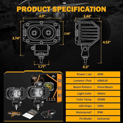 Auxbeam 4 Inch LED Light Pods, 60W Square Offroad Driving Light Super Bright 120° White Broad Flood Beam Pods Light with Off Road Wiring Harness for Wrangler Truck Pickup SUV ATV UTV (2 Pcs)