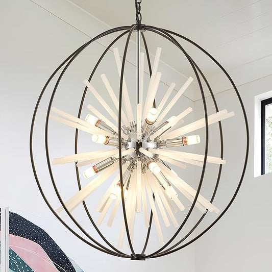 31.5" Black Chrome Large Globe Sputnik Chandelier, 12-Light Mid Century Modern Glass Tube Satellite Light Fixture for High Ceiling Living Room Dining Room Entryway Stairway, E12