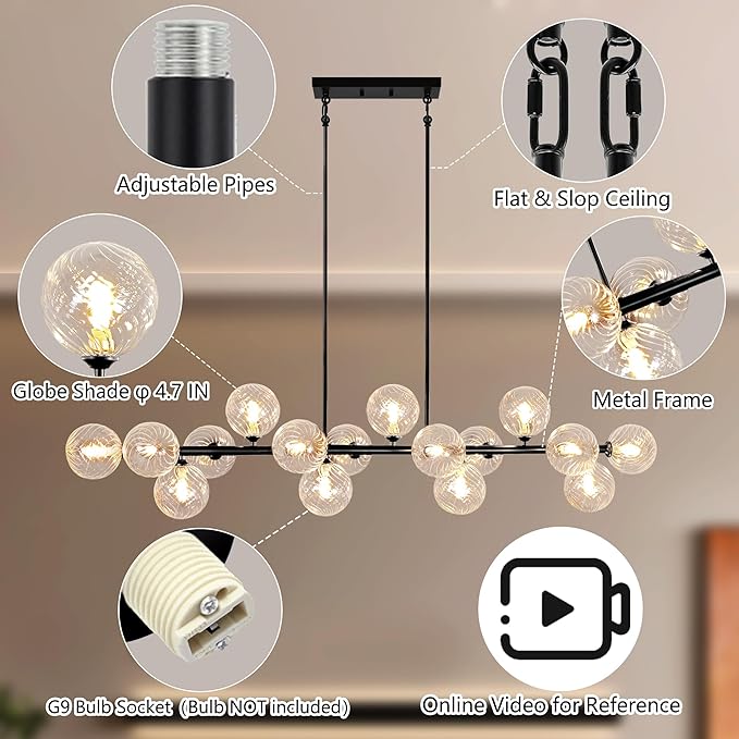 16-Light Linear Chandelier,55" Black Sputnik Chandeliers Clear Globe Modern Chandeliers for Dining Room Light Long Large Chandelier Sputnik Ceiling Light Fixture Pendant Lights Kitchen Island