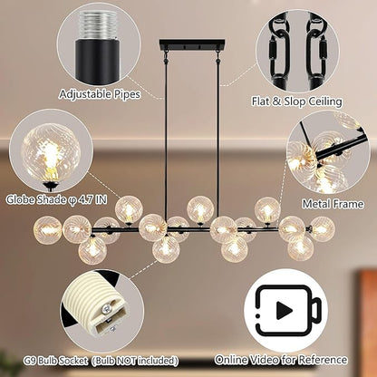 16-Light Linear Chandelier,55" Black Sputnik Chandeliers Clear Globe Modern Chandeliers for Dining Room Light Long Large Chandelier Sputnik Ceiling Light Fixture Pendant Lights Kitchen Island