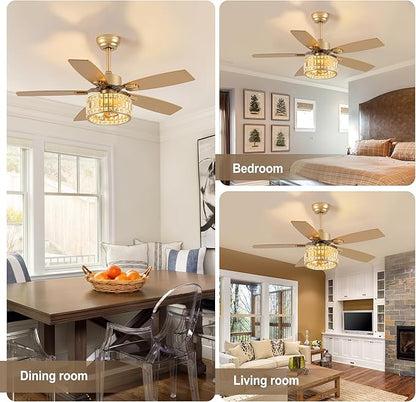 Chandelier Ceiling Fans with Lights and Remote,Caged Ceiling Fan with Light,App 5 Blades E26 Fandelier Ceiling Fans with Lights,Crystal Ceiling Fan for Bedroom,Living Room. (Gold, 42 Inch)