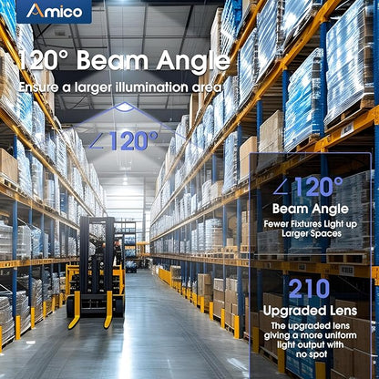 Amico UFO LED High Bay Light 150W 21000lm 5000K High Bay LED Shop Lights for Workshop Warehouse Barn with UL Listed US Hook 5' Cable Alternative to 650W MH/HPS for Commercial Lighting Fixture 20 Pack
