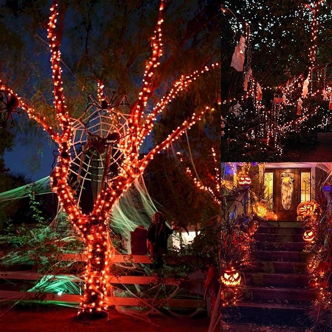 New Upgraded Solar Halloween String Lights Outdoor Waterproof, Solar & USB Rechargeable 19 Modes 2 Pack Total 144FT 400 LED Orange Halloween Lights for Yard Patio Garden Christmas Decorations, Orange