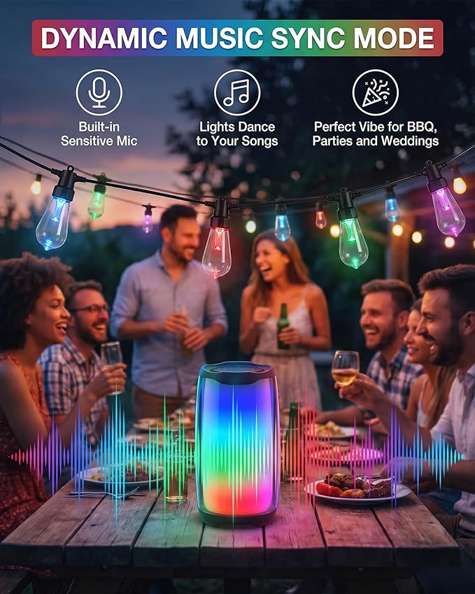 Smart RGB Outdoor String Lights, Color Changing Patio Lights with 21-Key RF Remote and Bluetooth App, IP65 Waterproof Music Sync LED Hanging Lights for Backyard Party Holiday Decor, 50FT (20 Bulbs)