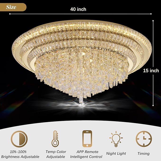 40 inch Crystal Gold Ceiling-Light Flush Mount With Remote Control and APP, 3CCT Dimmable & Brightness Adjustable, Modern Crystal Raindrop Chandeliers for Bedroom Hallway Dinning Room Living Room