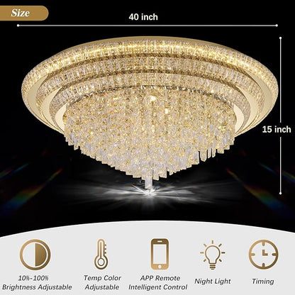40 inch Crystal Gold Ceiling-Light Flush Mount With Remote Control and APP, 3CCT Dimmable & Brightness Adjustable, Modern Crystal Raindrop Chandeliers for Bedroom Hallway Dinning Room Living Room