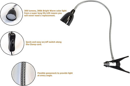 Newhouse Lighting NHCLP-LED-BLK Black Metal Flexible Clamp-Style LED Goose Neck Desk Lamp in 3000K Warm White Color Temperature with Power Adapter and 6 ft. Power Cord