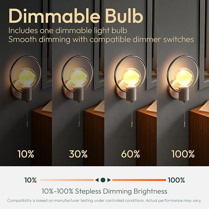 ALAMPEVER Modern Wall Sconce with Pull Chain, Metal Silver Wall Lights with G125 Glass Globe Bulb, Wall Mount Light for Enhancing Indoor Ambience in Bedroom, Living Room, and Hallway, 1 Pack