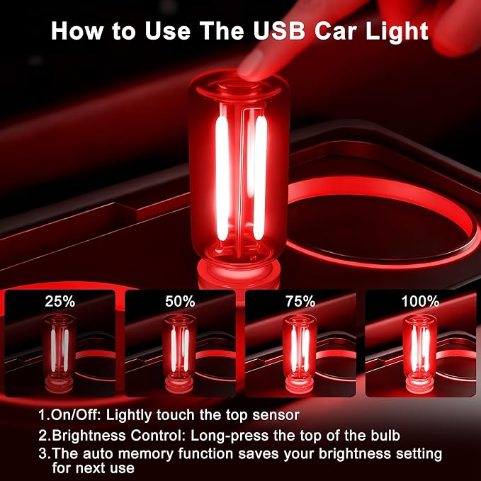 2 Packs USB Light for Car, Touch Dimmable Car Interior Ambient Lights - Portable Mini USB LED Light Bulb, Retro Glass Bottle Night Light for Vehicle, Bedroom, Hallway, Camping (Red)