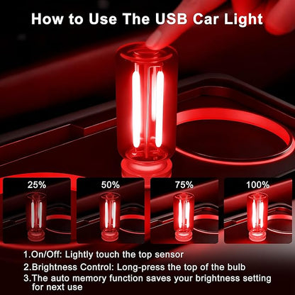 2 Packs USB Light for Car, Touch Dimmable Car Interior Ambient Lights - Portable Mini USB LED Light Bulb, Retro Glass Bottle Night Light for Vehicle, Bedroom, Hallway, Camping (Red)