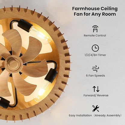 20'' Flush Mount Caged Ceiling Fan with Light, Wooden Low Profile Ceiling Fan with Light and Remote, 6 Speed and Reversible, Farmhouse Enclosed Fan Lights for Bedroom, Dining Room