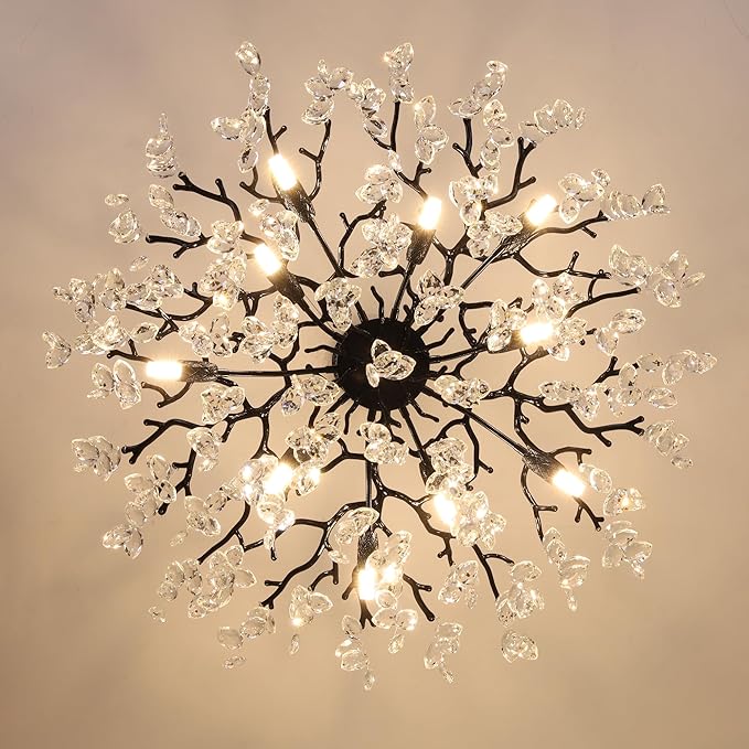 Crystal Tree Branches Chandeliers Luxury Round Hanging Pendant Light 10 Lights for Dining Room Bedroom Living Room Entryway 30.5" Black