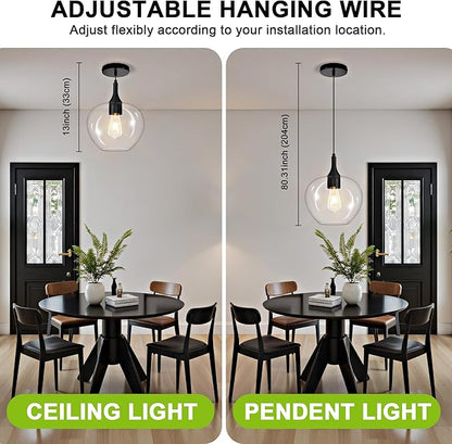 Glass Pendant Lights Kitchen Island, 9.45'' Matte Black Pendant Lighting Fixtures, Modern Hanging Ceiling Light with Clear Glass Shade for Farmhouse Dining Room Bedroom Hallway(1 Pack)