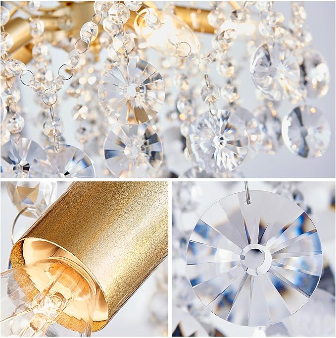 WUZUPS 5-Light Crystal Chandelier Pendant Ceiling Light Modern Lighting Fixture for Bedroom Hallway Bar Kitchen Bathroom, H 20.3" W17.1, E12 Base, Gold