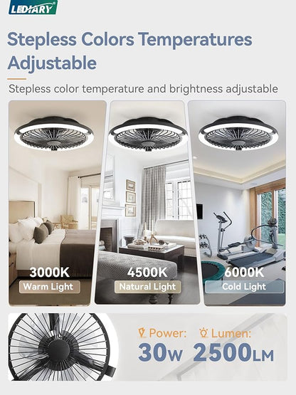 LEDIARY 20" Bladeless Ceiling Fan with Light,Low Profile LED Ceiling Fans with Remote & Smart APP Control,Modern Enclosed Flush Mount Fandelier with Timming,6 Speed,3000-6000K,Bedroom,Kids Room-Black