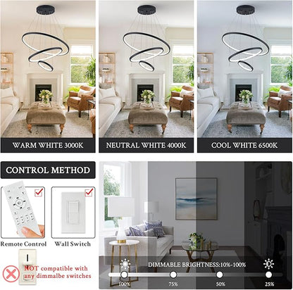 3 Ring Modern LED Chandelier Black Dimmable Round Chandeliers, LED Circular Pendant Light Fixture with Remote Control for Living Room, Dining Room, Office, Entry, Bedroom