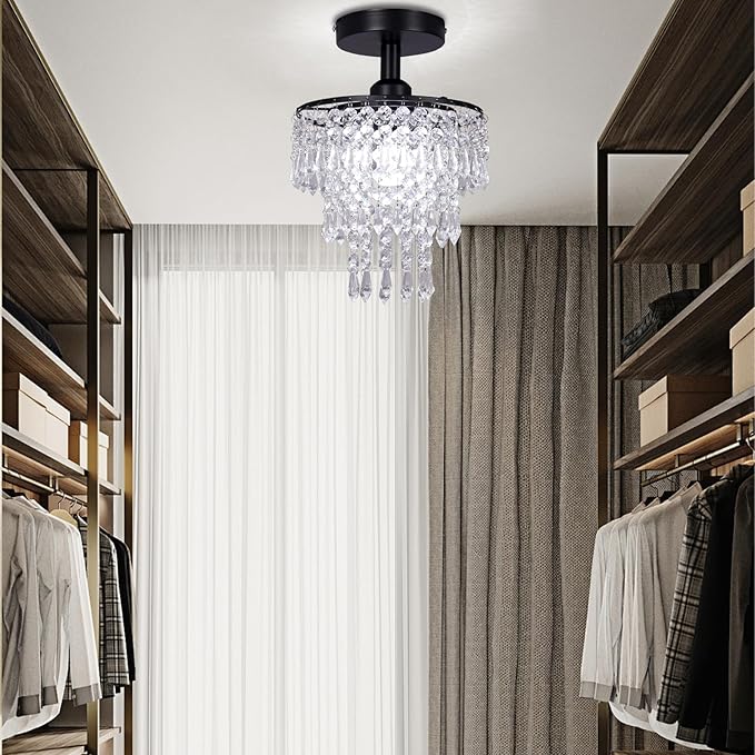 FRIXCHUR Small Crystal Chandelier Flush Mount Ceiling Light 3 Tiers Raindrops Crystal Chandeliers for Bedroom Hallway Foyer Living Room Entryway Closet, Black