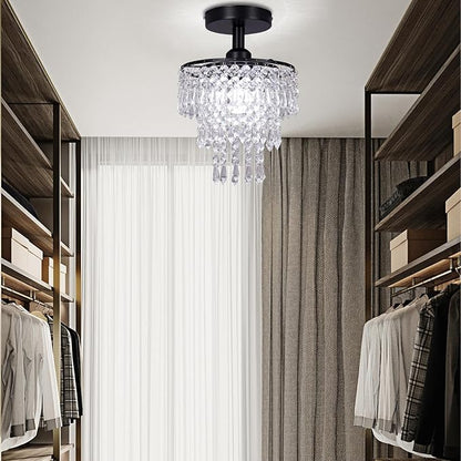 FRIXCHUR Small Crystal Chandelier Flush Mount Ceiling Light 3 Tiers Raindrops Crystal Chandeliers for Bedroom Hallway Foyer Living Room Entryway Closet, Black