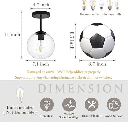Bagood Black Semi Flush Mount Ceiling Light Fixture with Clear Glass Light Fixture Mid Century Light Fixtures Black Semi Flush Ceiling Light Fixtures for Dining Room Kitchen (Bulb Included)