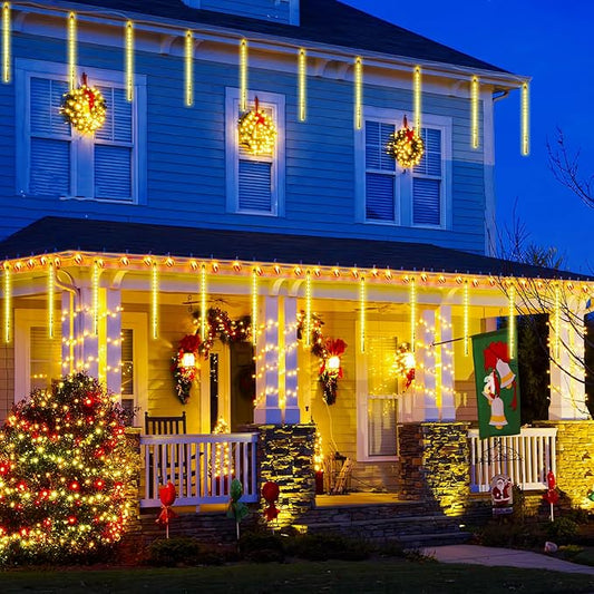 JMEXSUSS 2 Pack Solar Meteor Shower Lights, 16 Tube 288 LED Warm White Meteor Christmas Lights, Solar Powered Waterproof for Outdoor Tree Decorations