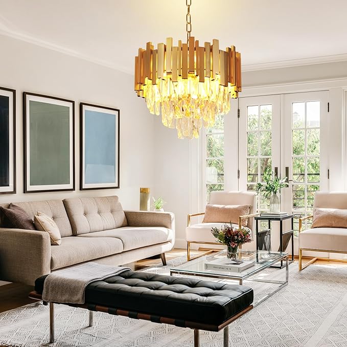 Depuley Modern Gold Crystal Chandelier: 5-Light 3-Tier Flush Mount Chandelier 12 Inch Luxury Round Hanging Pendant Light Fixture for Porch Bedroom Dining Room Foyer Included Bulbs
