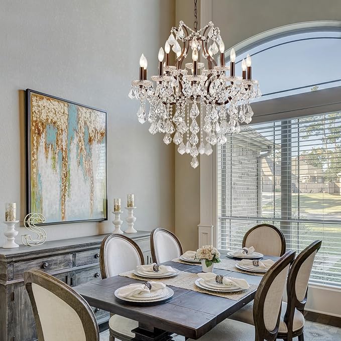 15 Lights Crystal Chandeliers for Dining Room Maria Theresa Chandeliers Vintage Pendant Light Fixture Living Room Bedroom Entryway Kitchen Brown 31.5" H x 30.7" D