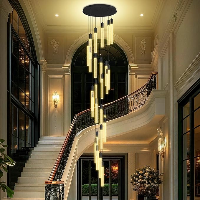 12FT Black Crystal Chandelier 26-Lights Modern LED Dimmable Pendant Lighting High Ceiling Hanging Fixture for Foyer Entryway Staircase Living Room Dining Room Villa Luxury Glam Ceiling Light
