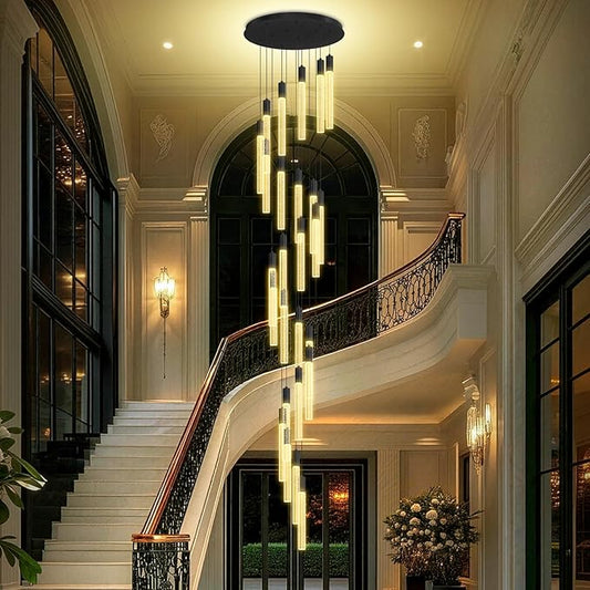 12FT Black Crystal Chandelier 26-Lights Modern LED Dimmable Pendant Lighting High Ceiling Hanging Fixture for Foyer Entryway Staircase Living Room Dining Room Villa Luxury Glam Ceiling Light