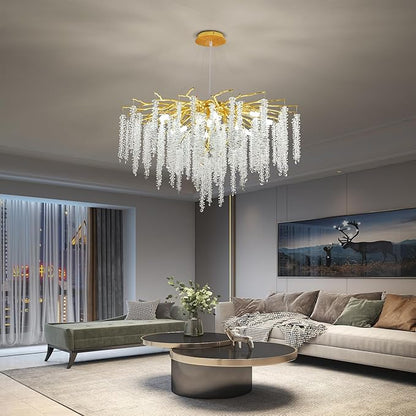 Crystal Tree Branches Chandeliers Luxury Round Raindrop Pendant Light Fixture Ceiling Hanging Light for Dining Room Bedroom Living Room Entryway D31.5“ Gold