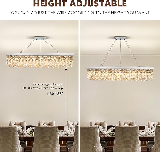 Modern Silver Rectangular Crystal Chandelier,10-Light Modern Chandelier,K9 Crystal Rectangle Chandelier,Farmhouse Pendant Light Fixture for Kitchen Island Bar Bedroom L47 x W10 x H10