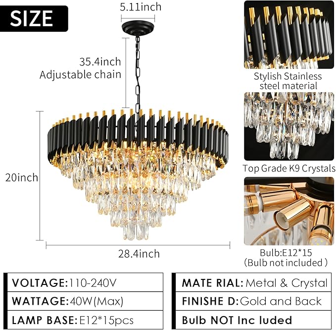 Modern Crystal Chandeliers for Dining Room Living Room 15-Light Black and Gold Chandelier Round 6 Tiers Large Contemporary Pendant Ceiling Hanging Light Fixture for Entryway Foyer Staircase W29”