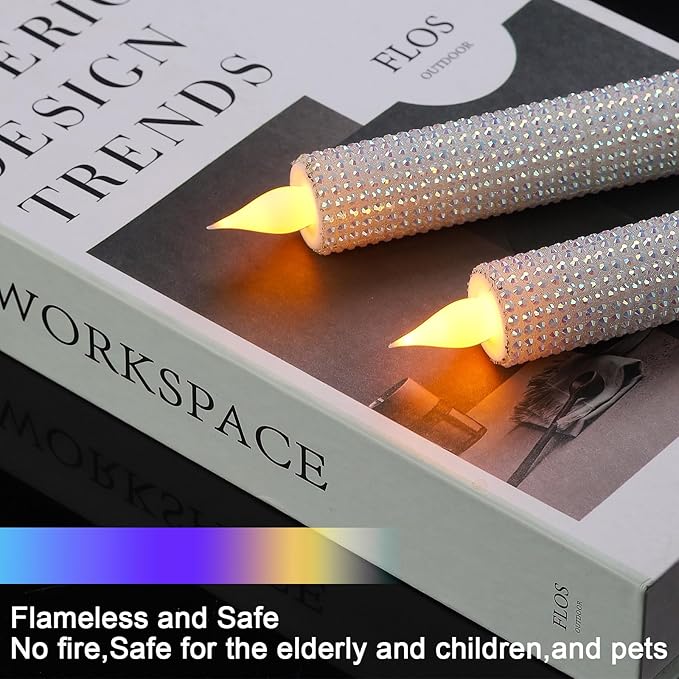 LED Flameless Taper Candles with Remote Control,Set of 2, Silver Glitter Finish, Crystal Glass Candlestick Holders, Timer Function (White LED)