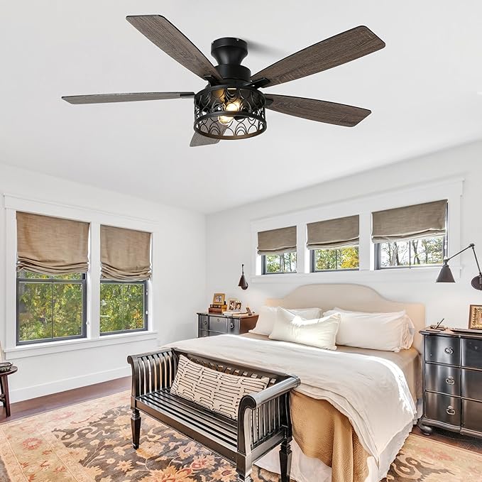 52'' Ceiling Fan with Lights, Flush Mount Farmhouse Ceiling Fan with Remote Control, 6 Speeds Reversible DC Motor, Low Profile Industrial Caged Ceiling Fan for Bedroom Living Room
