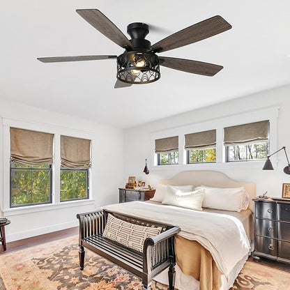 52'' Ceiling Fan with Lights, Flush Mount Farmhouse Ceiling Fan with Remote Control, 6 Speeds Reversible DC Motor, Low Profile Industrial Caged Ceiling Fan for Bedroom Living Room