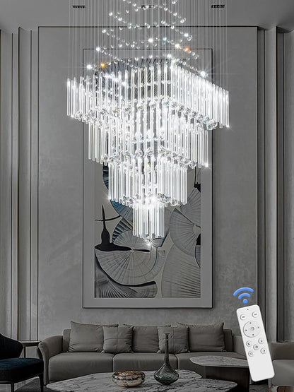 Flashing God D32''X H100'' Extra Large Chandeliers for High Ceilings Square Crystal Raindrop Gold Chandeliers Large Villa Chandelier Entrance Foyer Ceiling Light LED Dimmable 2700K-6000K