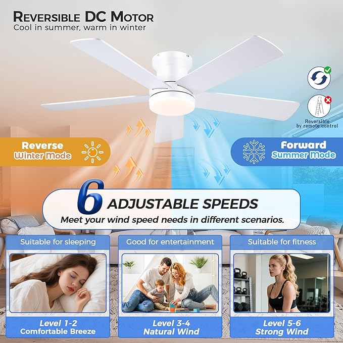 Ayaoty 48In Ceiling Fan with Light Flush Mount - White Low Profile Ceiling Fan Light with Remote/APP, 5 Reversible Dual-Sided Blades, Modern Fan Light for Indoor Bedroom, Covered Outdoor