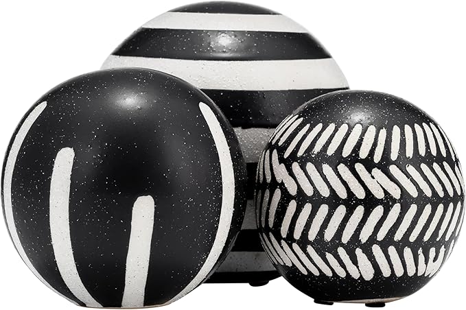 Patterned Ceramic Orbs for Home Decor Styling - Geometric Sculpture for Bathroom, Office, and Living Room Centerpiece - Ornaments Accent for Coffee Table Display - Set of 3, 6", 5", 4", Black & White